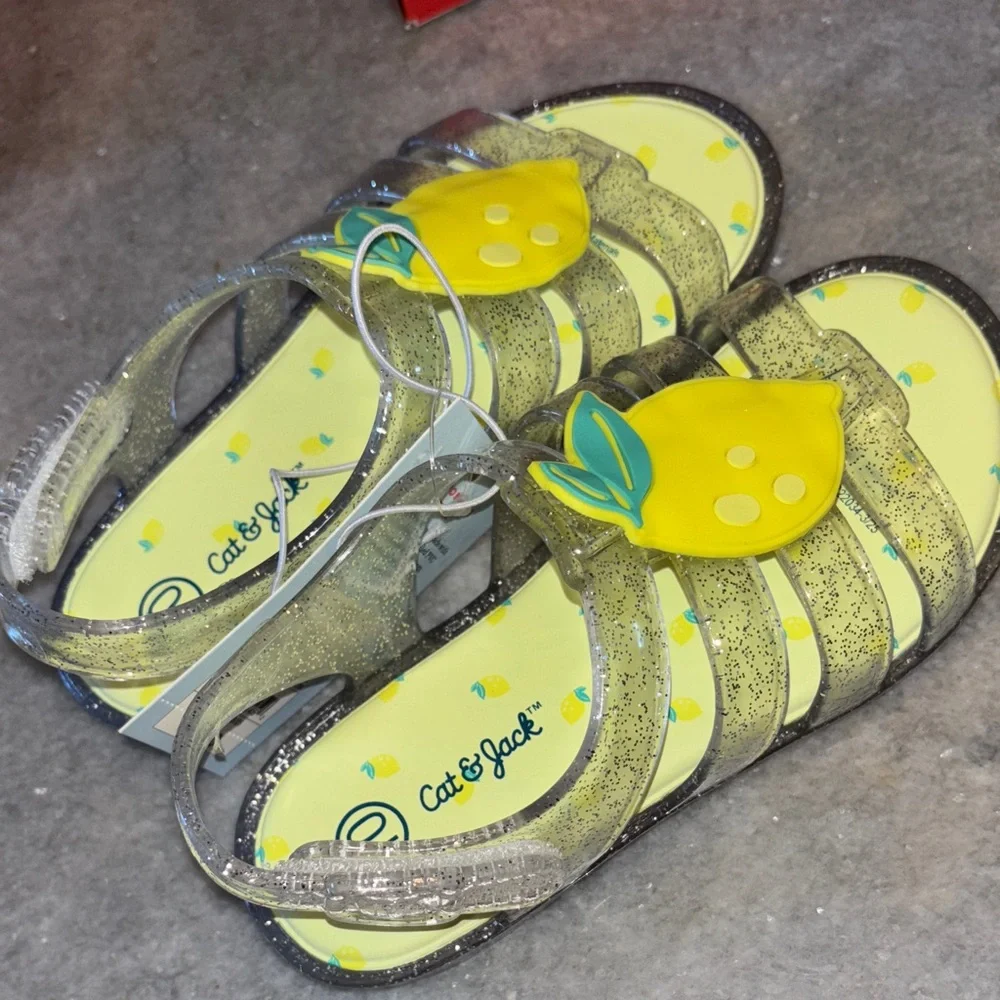 Cat & Jack Lemon Jelly Sandals Yellow Silver Glitter Velcro Straps Size 5 10 New